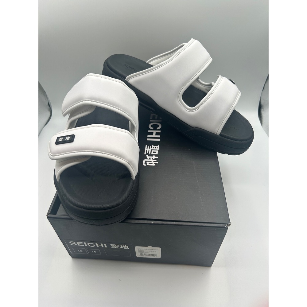 Seichi Senko Sandals,White Black Two Strap Slides,Men's Size 12,New w/ Defects